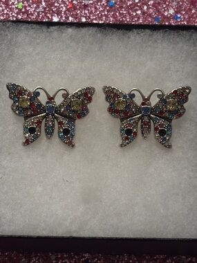 Elegant Butterfly Stud Earrings with Multicolored Stones
